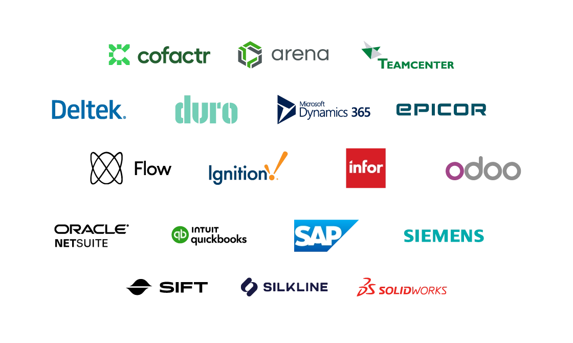 Logos de diverses entreprises logicielles et technologiques, indiquant les intégrations avec le système d'exécution de fabrication B2B basé sur le cloud de Manufacturo.