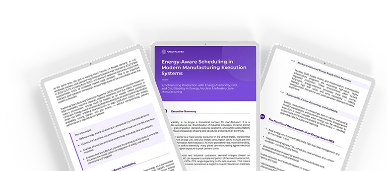 Three overlapping tablet screens showcasing Manufacturo's white papers on energy-aware scheduling in modern manufacturing execution systems. The center screen displays the main title and executive summary.