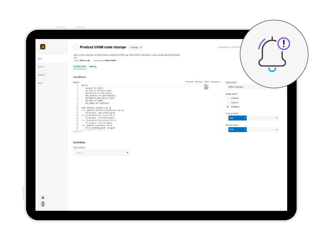 Interface Manufacturo montrant une alerte 'Changement de code UOM produit' avec une requête SQL et des options de configuration. Une icône de cloche avec un point d'exclamation est mise en évidence à droite.