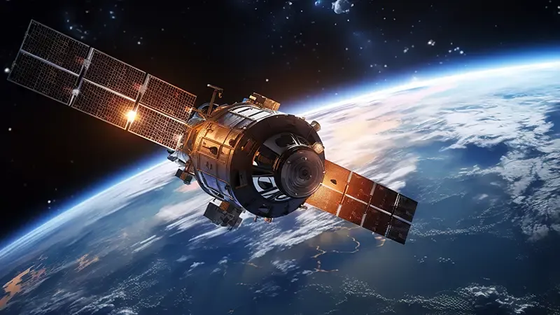 Satellite with large solar panels in orbit above Earth. The planet shows clouds and city lights, with stars in the background. Represents space technology and global connectivity.