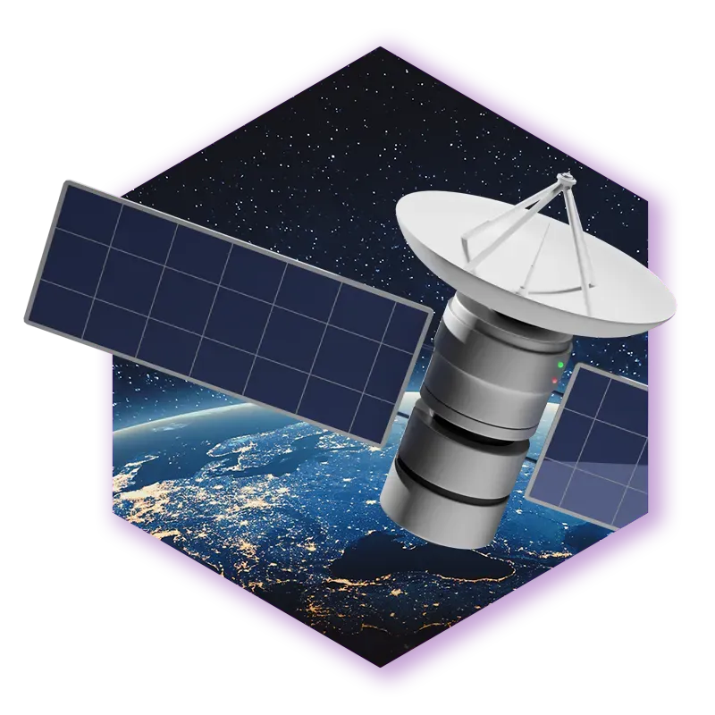 A fictional communication satellite with large solar panels and a satellite dish orbits Earth, set against a backdrop of stars.