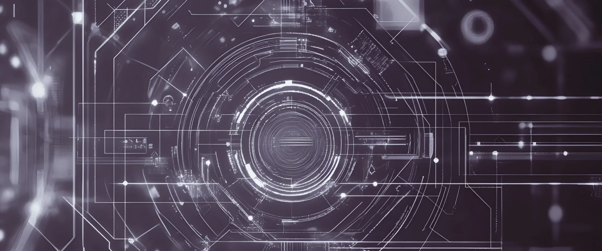 A futuristic digital interface with concentric circles and geometric lines, creating a high-tech, abstract design in monochrome tones.