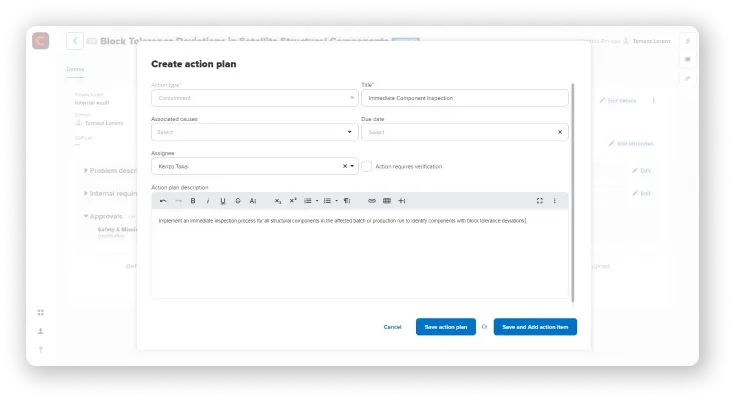 Manufacturo MES UI: Creating an action plan with fields for Action type, Title, Associated causes, Assignee 'Kenzo Tsubi', Due date, and Action plan description. 'Implement an immediate inspection process' is entered. Buttons for Cancel, Save action plan, and Save and Add action Item are visible.