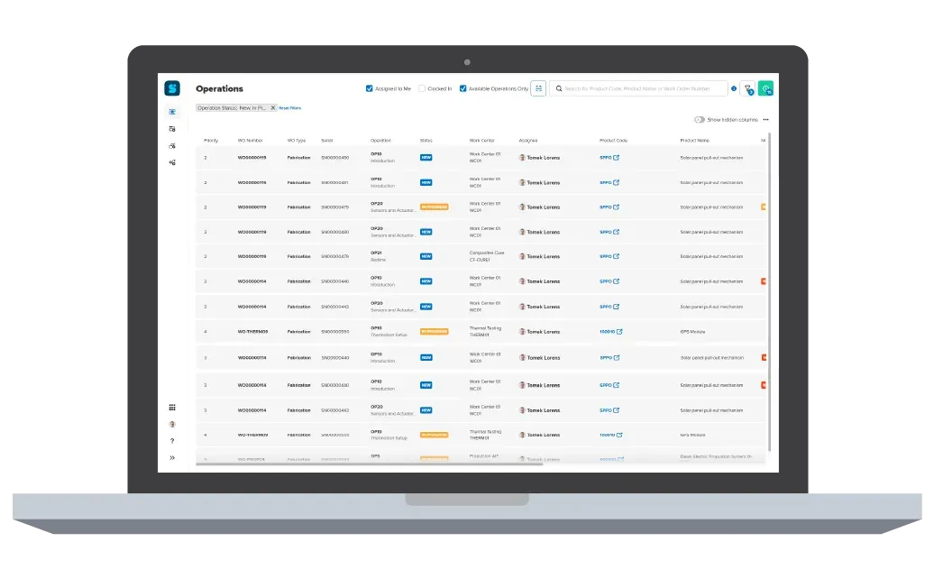 Shopfloor Operations screen showing a table of production operations. Columns include Priority, WO Number, WO Type, Serial, Operation, Status, Work Center, Assignee, Product Code, and Product Name. Statuses like NEW and IN PROGRESS are visible.