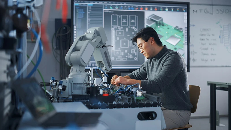 Engineer working with robotic arm and digital display