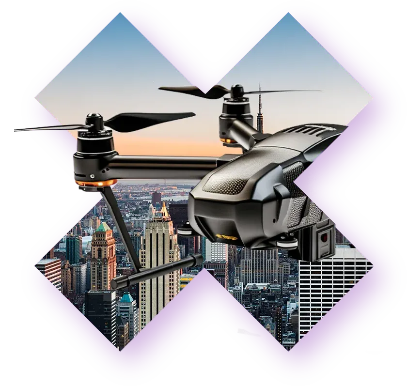 A modern black and gray drone with propellers is captured mid-flight against a city skyline and sunset sky. A large, abstract purple graphic frames the image.
