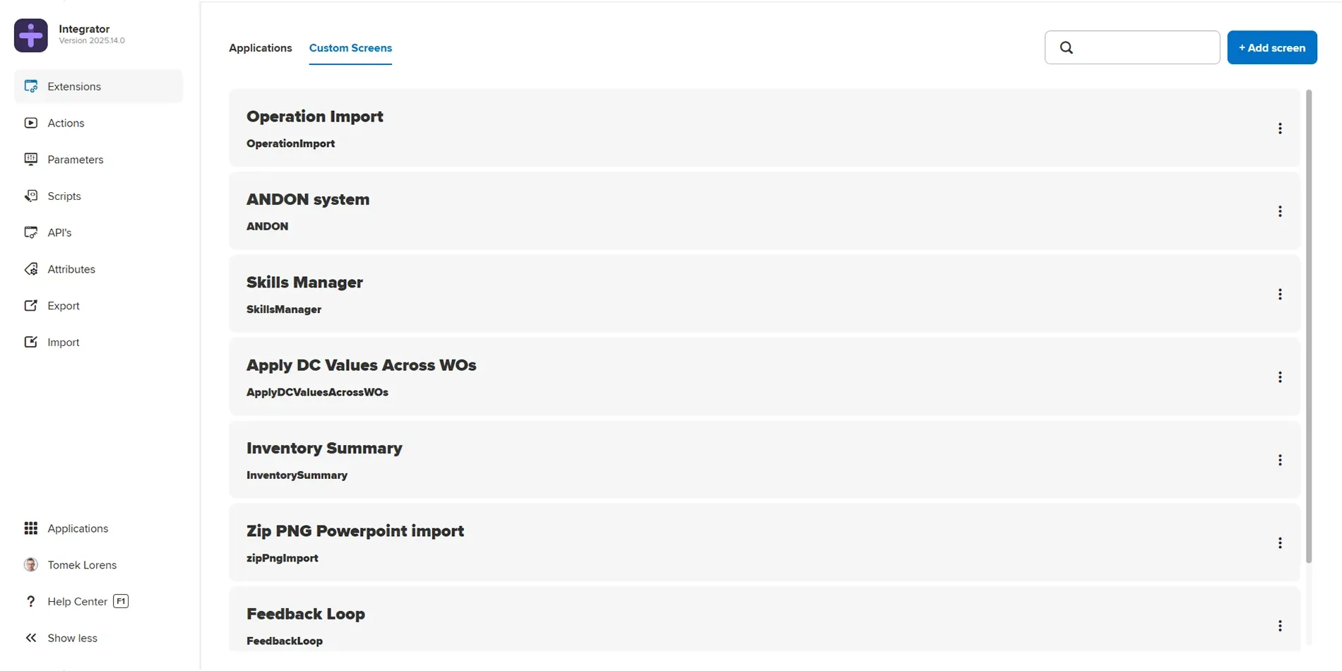 User interface of the Integrator module on manufacturo.com, displaying a list of custom screens including Operation Import, ANDON system, Skills Manager, and Inventory Summary. A search bar and Add screen button are visible.