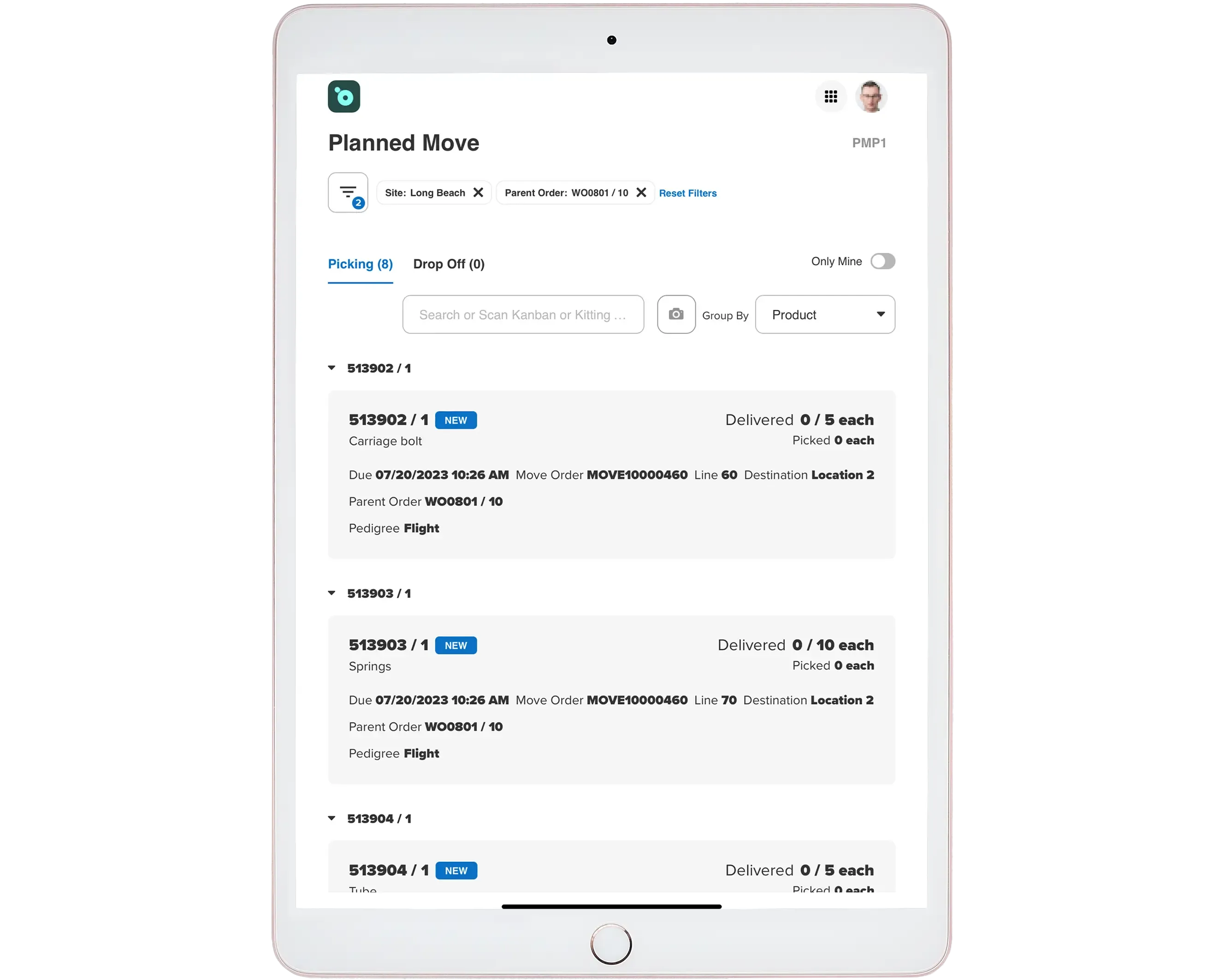 Manufacturo B2B platform UI showing a Planned Move screen. Filters for Site: Long Beach and Parent Order WO0801/10 are active. Lists planned items with quantities delivered and picked. Includes search and group by options.