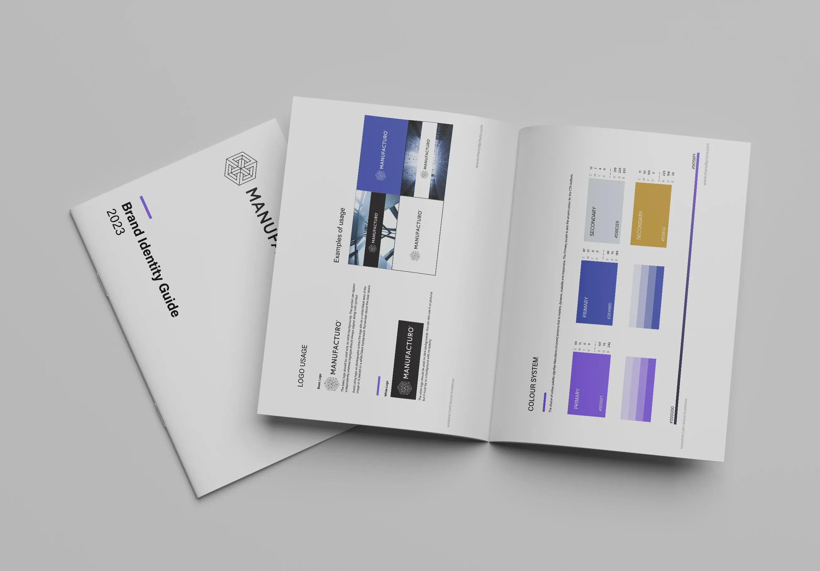 Manufacturo Brand Identity Guide 2023 cover page featuring the Manufacturo logo. The right page shows logo usage examples and the colour system with primary and secondary purple, blue and orange hues.