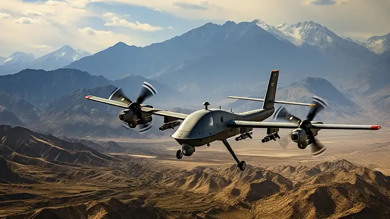 A military defense drone with dual propellers and mounted weaponry flies over a vast, arid desert canyon landscape with snow-capped mountains in the background.