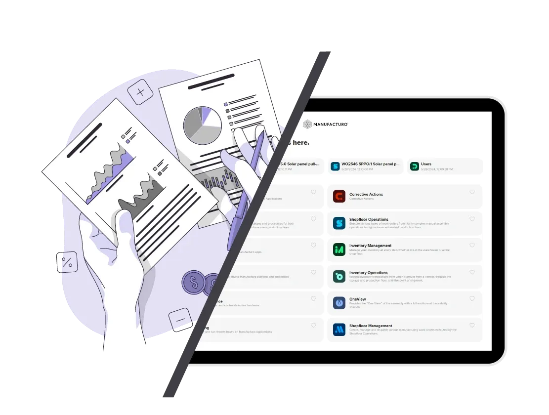 A tablet screen displays the Manufacturo platform with various application modules including Shopfloor Operations and Inventory Management. Two hands hold documents with analytics charts over a stylized illustration.