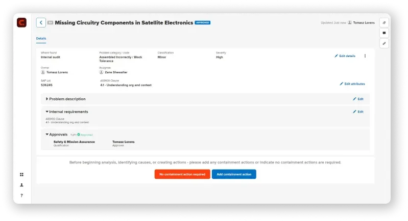 Manufacturo MES interface displaying details for a nonconformance report titled Missing Circuity Components in Satellite Electronics. Shows fields like Where found, Owner, Problem category, Assignee, SAP Lot, AS9100 Clause, Internal requirements, and Approvals with status Approved.