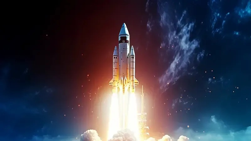 A towering multi-stage rocket ascends dramatically from its launchpad, enveloped in bright, fiery exhaust and surrounded by dark, cloudy skies with speckles of distant light.