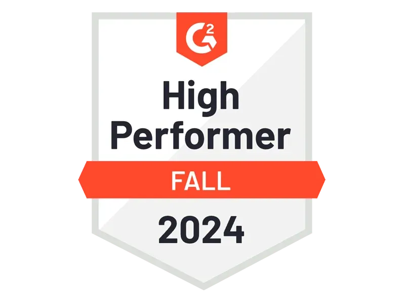 G2 High Performer Fall 2024 badge featuring the G2 logo and text 'High Performer' and 'Fall 2024' in bold.