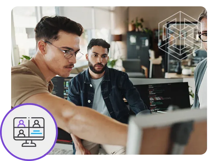 Three men in an office setting, looking at computer screens. A purple circle icon in the lower left shows a video conferencing interface with four participants.