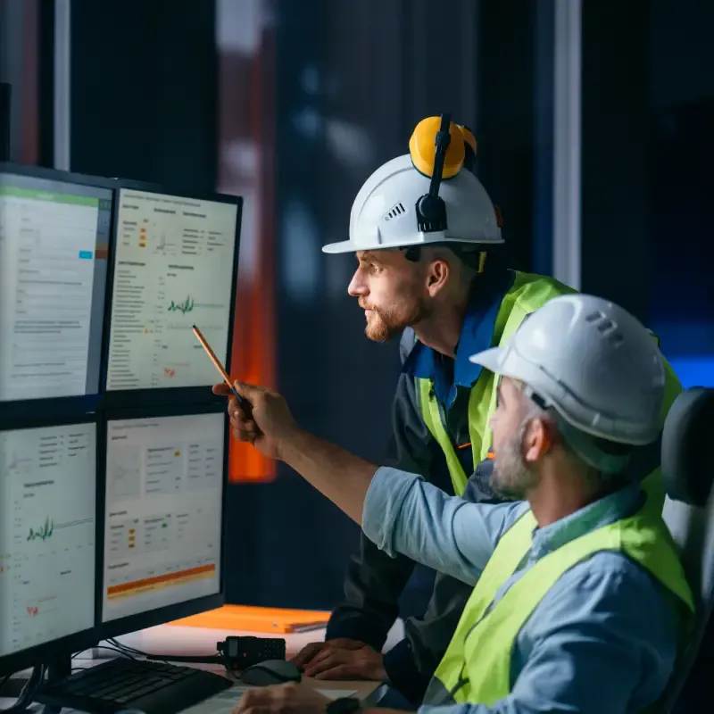Two engineers in hard hats and high-visibility vests review data on multiple monitors displaying charts and graphs in a high-tech control room setting. One engineer points to a chart. Keywords: MES, production management, manufacturing data.