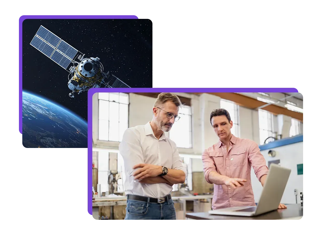A satellite orbits the Earth in space. Overlayed is a scene of two men in a workshop setting, intently reviewing data on a laptop computer, suggesting a discussion about manufacturing or technology.