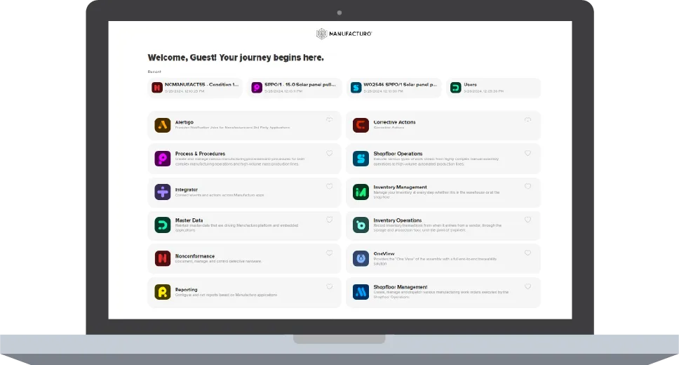 Manufacturo platform dashboard with recent and other application modules like Process & Procedures, Integrator, Master Data, Reporting, Alertigo, Corrective Actions, Shopfloor Operations, Inventory Management, Inventory Operations, and One View.