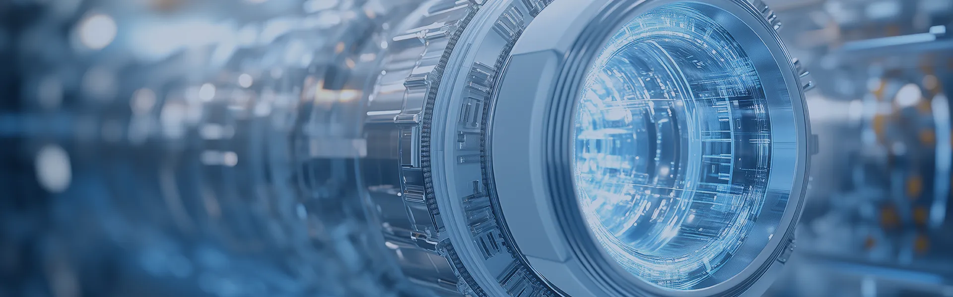 Close-up of a futuristic industrial machine component with intricate metallic gears and a glowing blue inner chamber. The background is blurred with bokeh lights, suggesting a modern manufacturing or energy production facility.