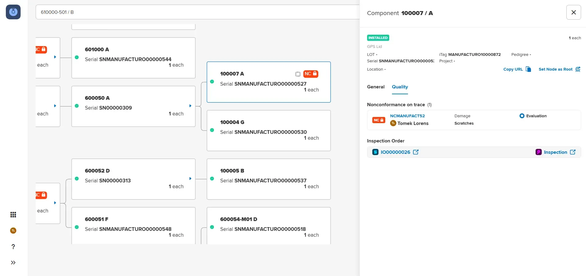 UI shows component traceability map with items 601000 A, 600050 A, 600052 D, 600051 F and 100007 A. Right panel displays details for 100007 A, including Nonconformance and Inspection Order.