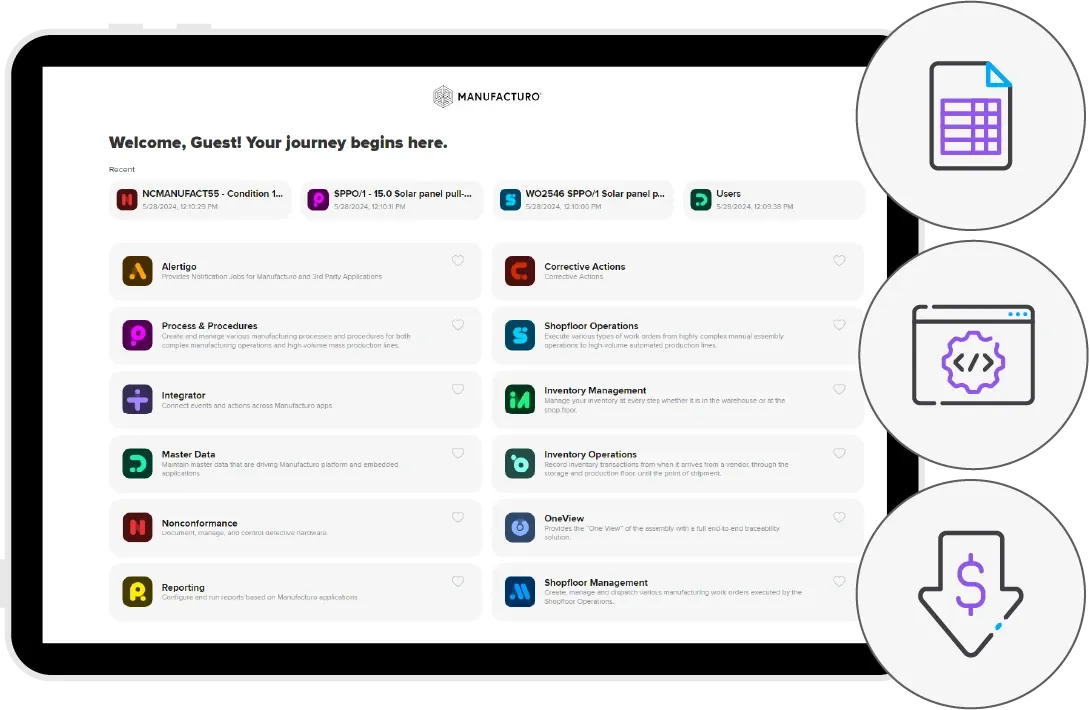 Manufacturo cloud-based MES dashboard showing a welcome message and a grid of application modules like Process & Procedures, Integrator, Alertigo, Inventory Management and Shopfloor Operations.