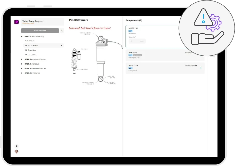 Manufacturo MES UI displaying 'Pin Stiffeners' assembly with detailed operational steps on the left and a component list with quantities on the right. Includes an alert icon with hand icon.