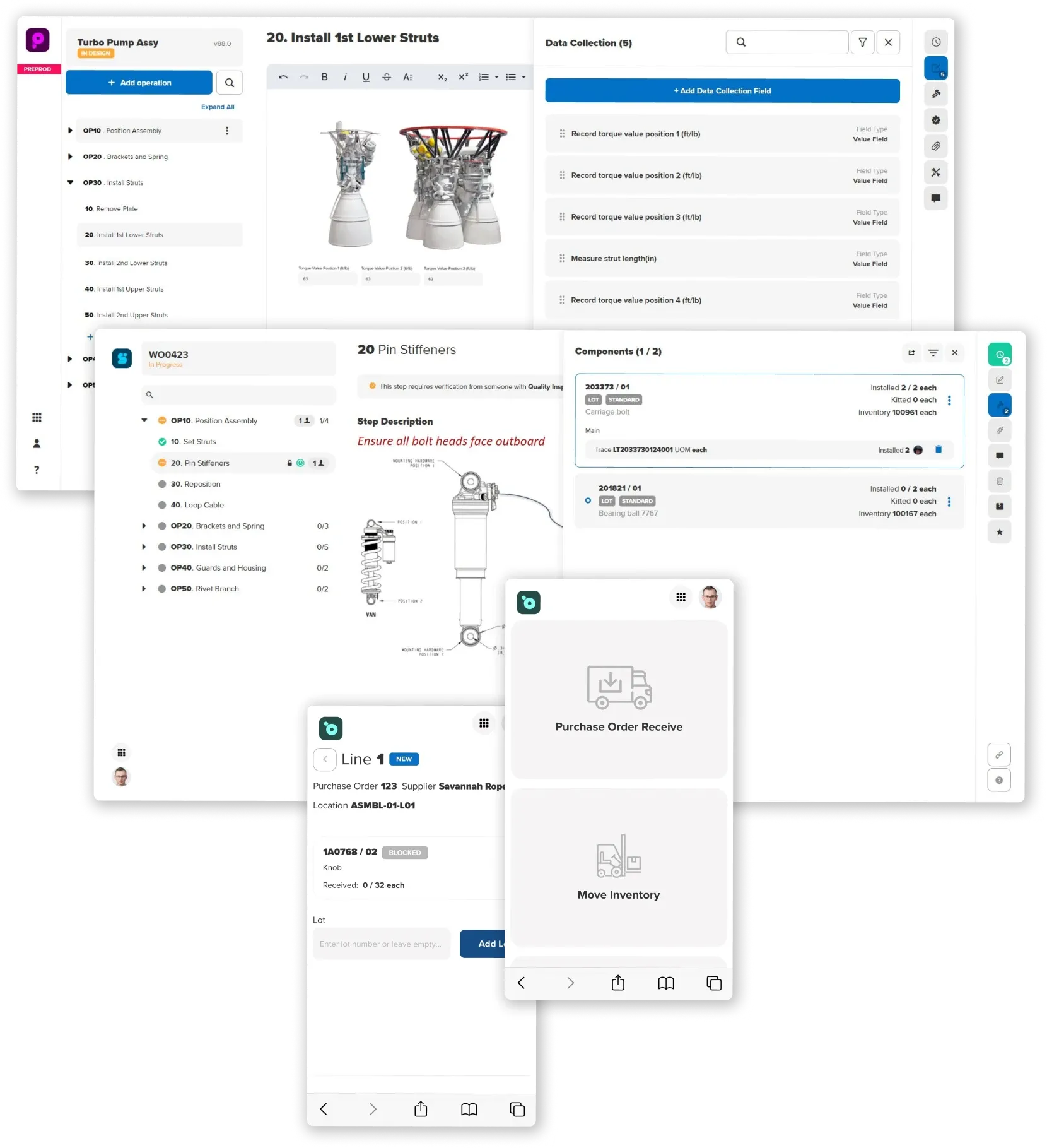 Manufacturo MES interface showing step 20 Install 1st Lower Struts with component details, torque values, and image of struts. Includes data collection fields.