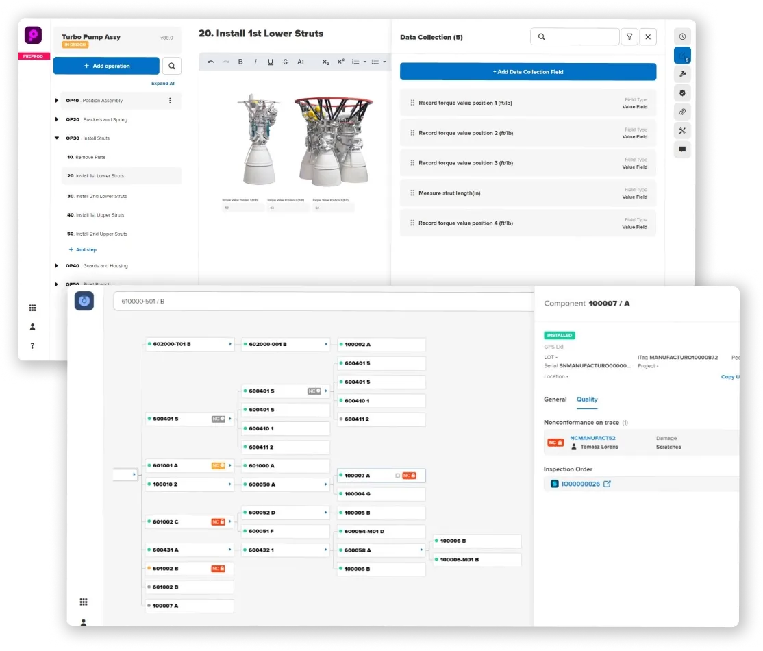 Manufacturo MES UI showing 'Turbo Pump Assy' process steps, including 'Install 4 Probes and Guard', with data collection fields for torque and length, and a component hierarchy view.